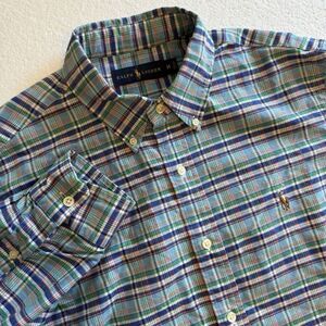 Ralph Lauren Men’s Medium Plaid Blue Green Button Up Long Sleeve Shirt Church